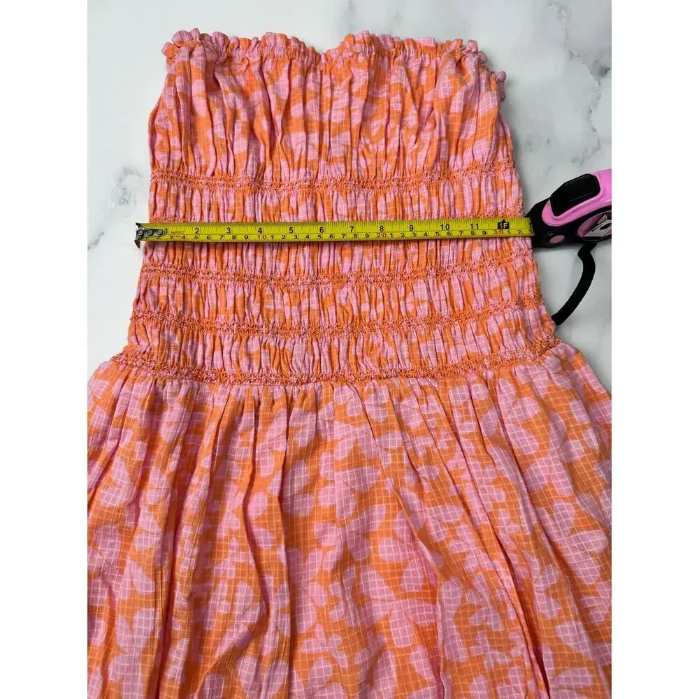 Free People Annalise Mini Dress Bubble Hem Smocked Strapless Peach Pink Coastal